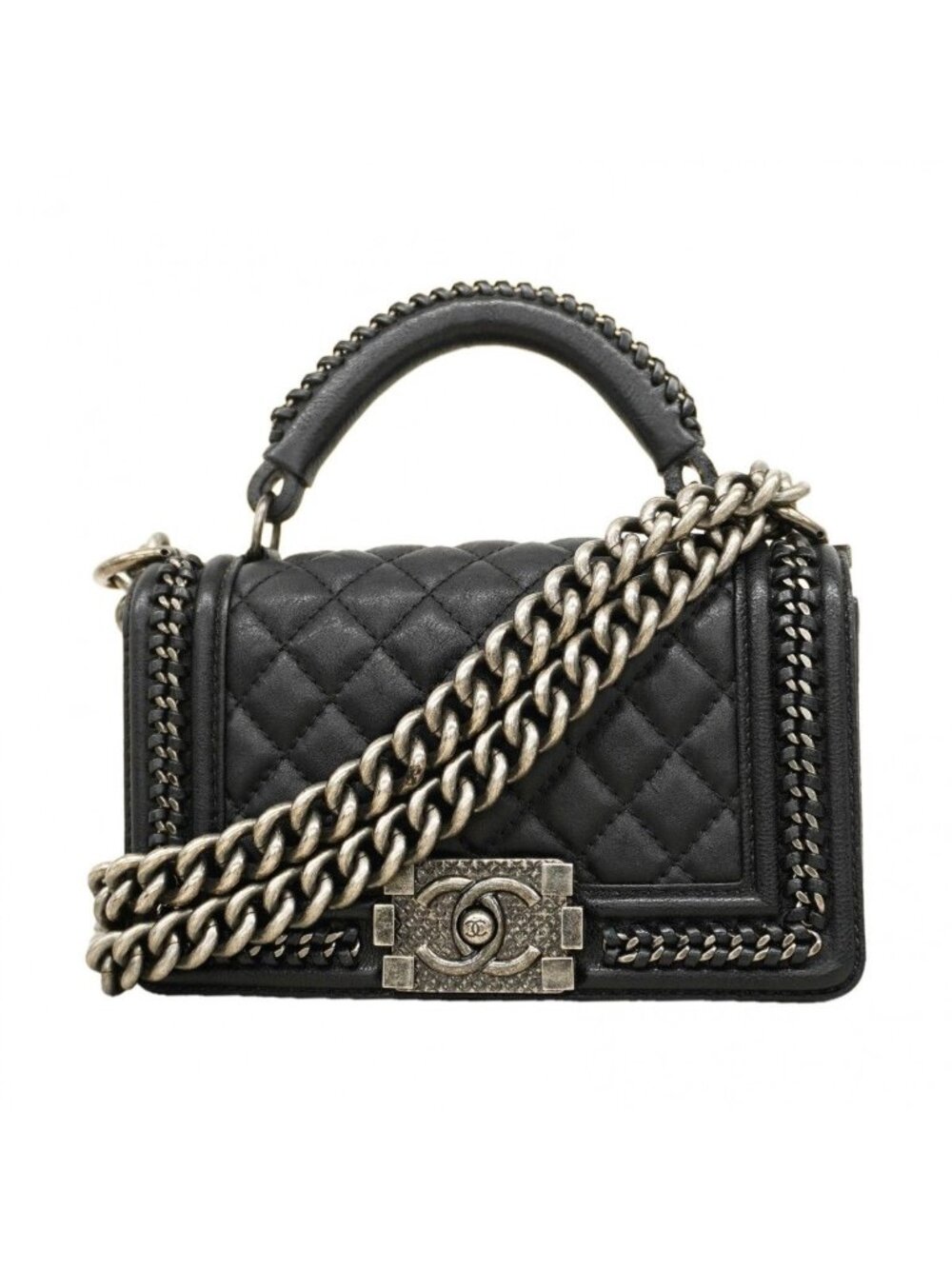 Chanel Handbag Boy Top Handle Calfskin Black Silver 2-Way